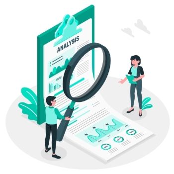 llustration of male & female with outsized magnifying glass to examine and analyze data statistics