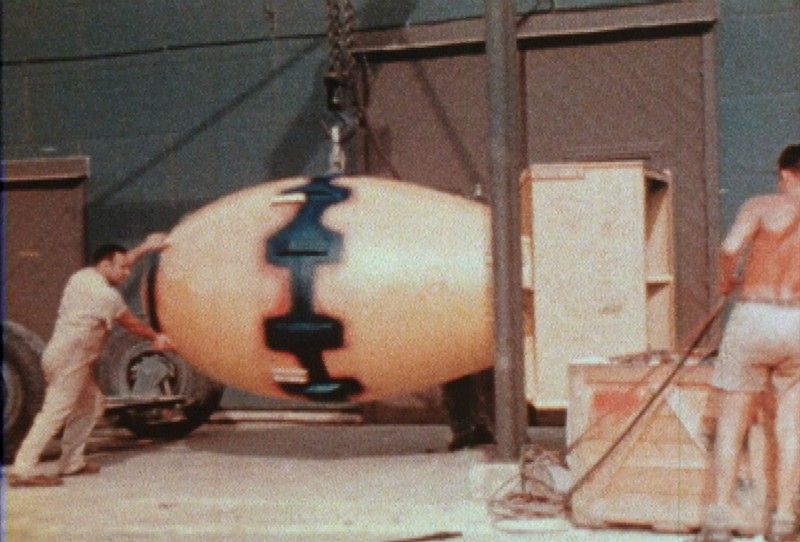 Engineers working on the Fat Man bomb.