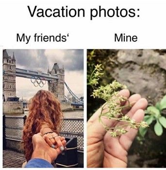 Caption: 'Vacation photos:' 'My friends''' (picture of hand holding someone else's) 'Mine' (picture of hand holding a plant)