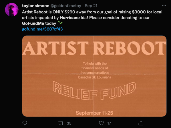 A twitter post advertising a GoFundMe for artists in New Orleans who need relief money after a hurricane