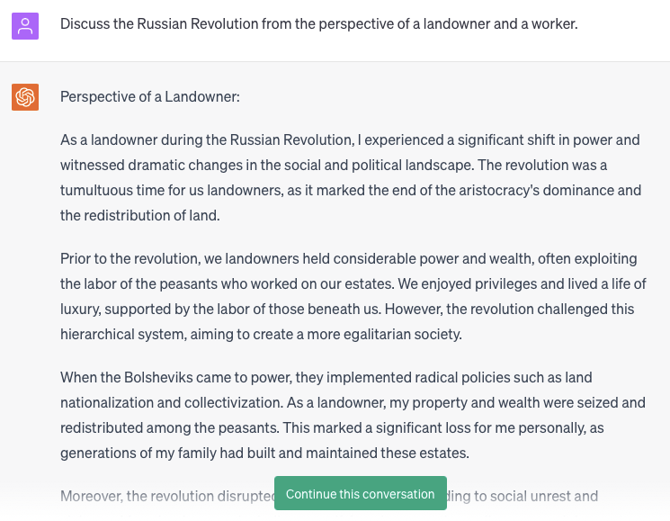 Answer to ChatGPT prompts: 'Discuss the impact of the Russian Revolution from the perspective of a landowner and a worker.'