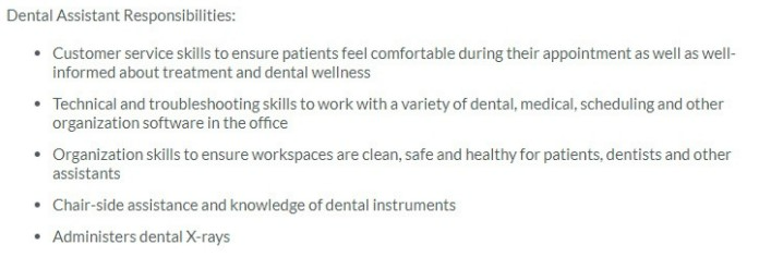 Dental assistant's job description. It focuses on customer service, technical and organizational skills, and x-ray admin.