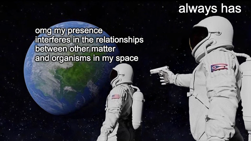 An astronaut looking at the earth saying, 'My presence interferes in the relationships between other matter and organisms.'
