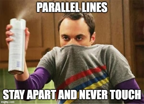 Sheldon from Big Bang Theory spraying deodorizer and explaining that parallel lines stay apart and never touch