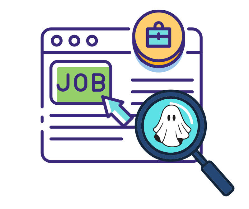 Job listing icon with a dark blue magnifying glass hovering over with an image of a white ghost in its lens.