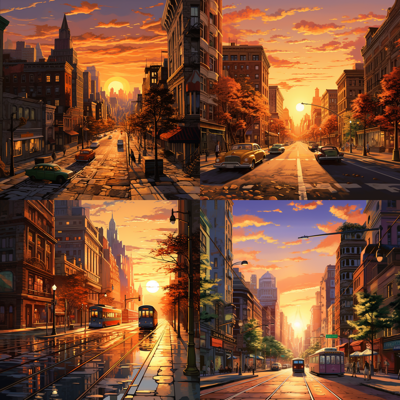 results: cityscape at sunset with warm hues, casting long shadows on the streets by midjourney