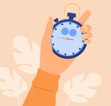 Illustration of a hand holding a blue stopwatch