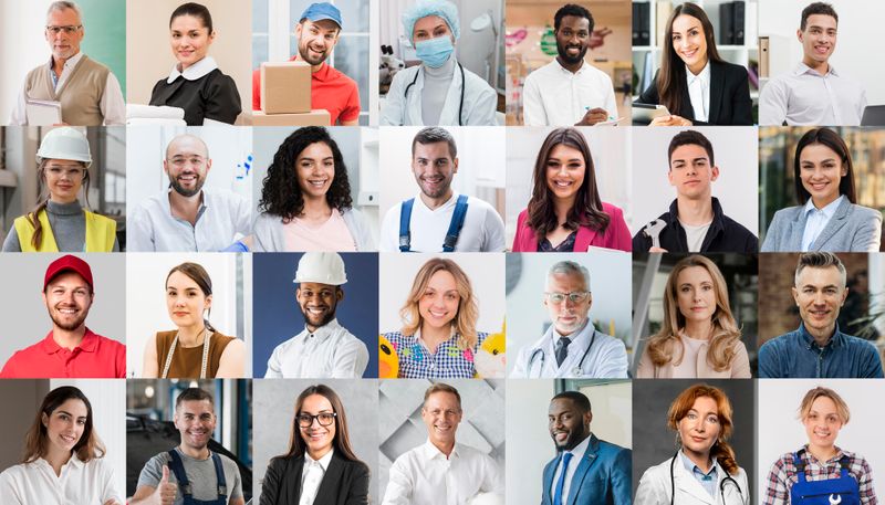 A collage of people in different professions and ethnicities.