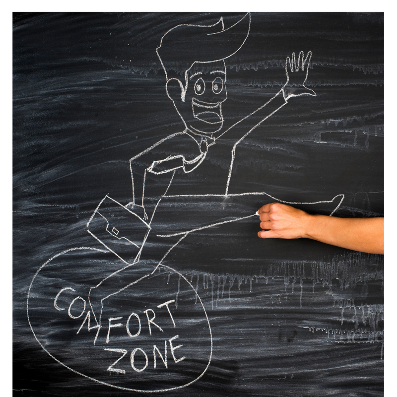 A chalk drawing of a man stepping out of a circle labelled 