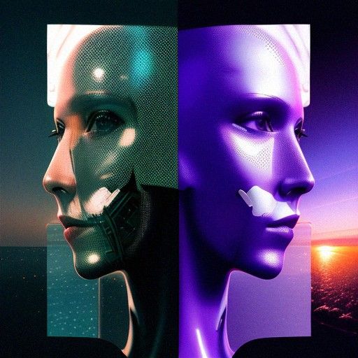 Two side profiles of a computer animated lady, one green and one purple 