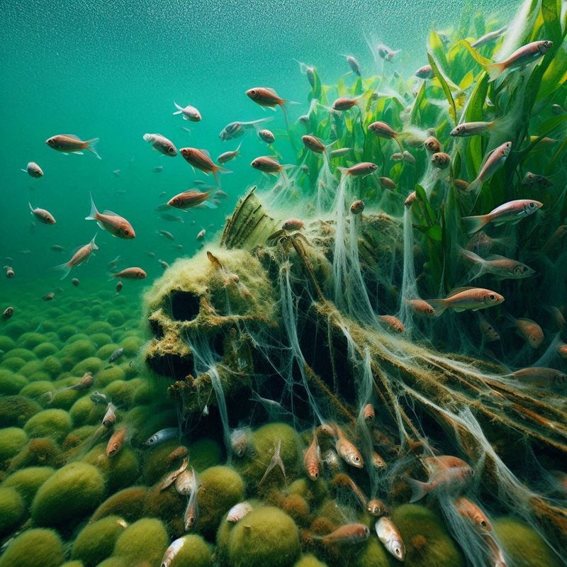 A polluted seabed because of algae overgrowth, covered in dead fish.