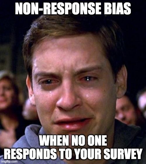 Peter Parker from Spiderman crying. The text reads: "Non-response bias. When no one responds to your survey."