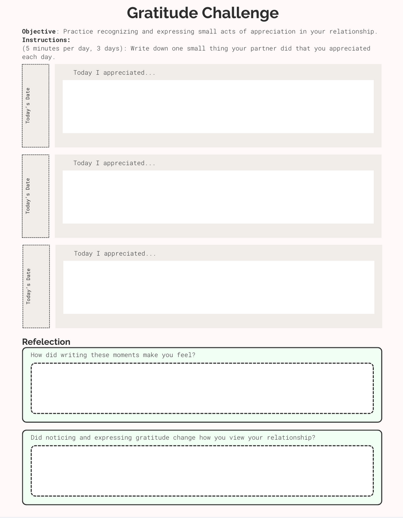 A self-created gratitude challenge worksheet with 3 spots to write your daily gratitude and 2 spots to reflect.