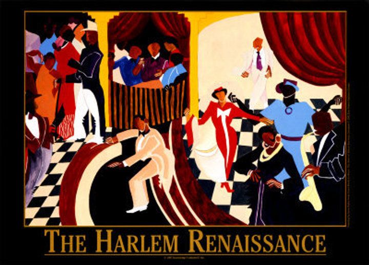 A photo of an art print depicting a nightclub during the Harlem Renaissance.