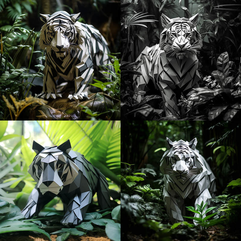 Results of black and white origami tiger in a wet jungle by midjourney