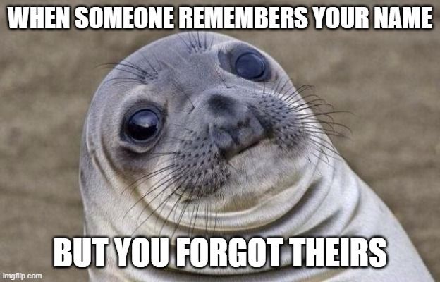 Image of a sea lion with big remorseful sad eyes overlaid text reads &apos;When someone remembers your name but you forgot theirs&apos;