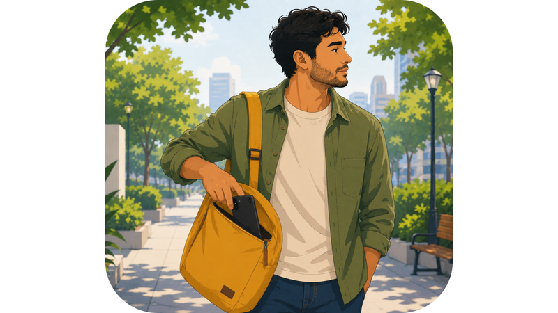  A man putting his phone away and walking on, choosing to step back from a dry text conversation.