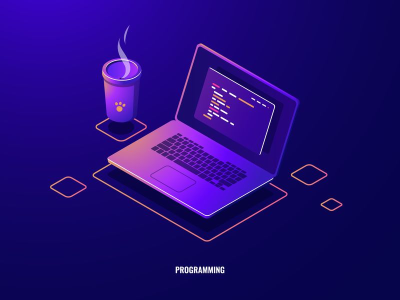 Laptop with program code isometric icon, software development and programming applications dark neon vector