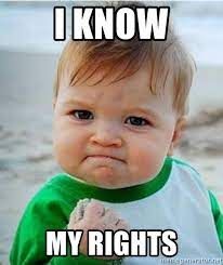 A toddler showing a firm fist. Underlying text reads: I know my rights