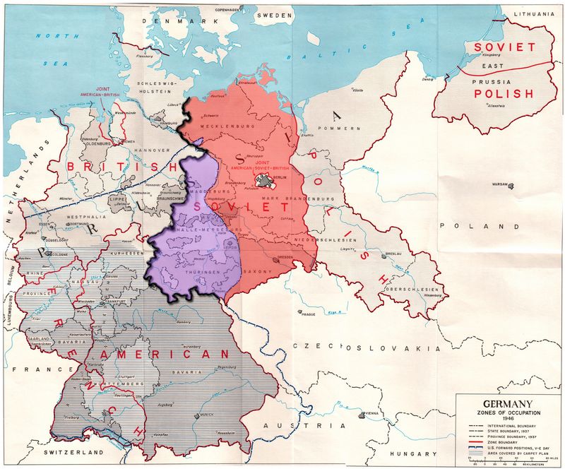 A map showing the Allied vs Soviet spheres of influence in Germany and Poland after WWII.