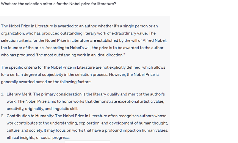 Answer to ChatGPT prompts: What are the selection criteria for the Nobel Prize in Literature?