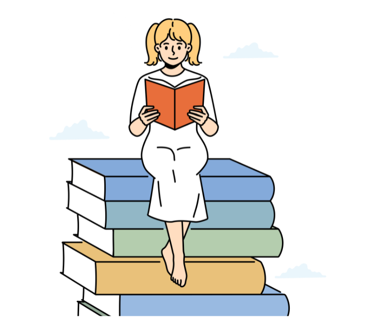 A graphic illustration of a girl reading a book. She is sitting on a stack of 6 giant books.