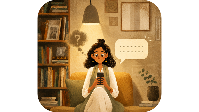 A woman typing on her phone. A fading question mark gives way to a message, showing asking directly instead of wondering.