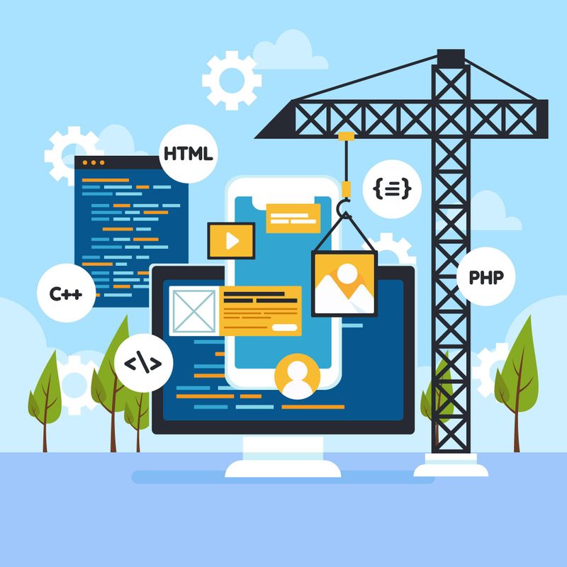 A vector abstract including a computer, mobile, setting gears, a profile icon, hanging image, elements-c++, PHP, </>, {=}