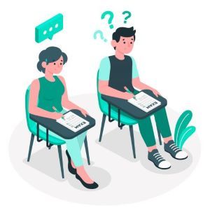 Illustration of male and female students sitting at their desks taking an exam