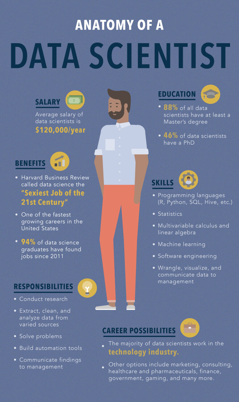 An infographic depicting career information about data scientists.