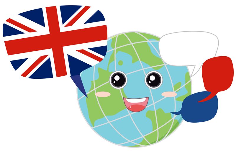 A smiling globe with a speech bubble with the U.K. flag on the upper-right hand corner and 3 speech bubbles on the left.