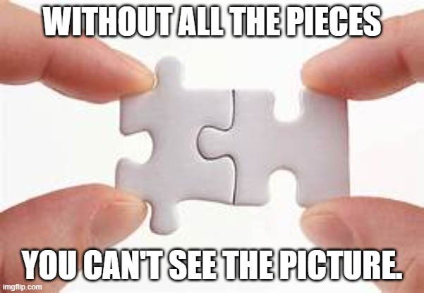 Two puzzle pieces with the caption, 'Without all the pieces, you can't see the picture.'