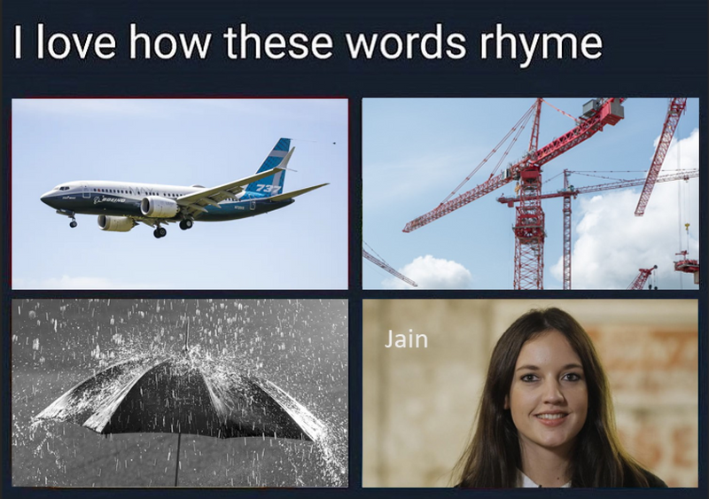 Image of 4 objects: plane, rain, crane and a woman named Jain with her name written above her.