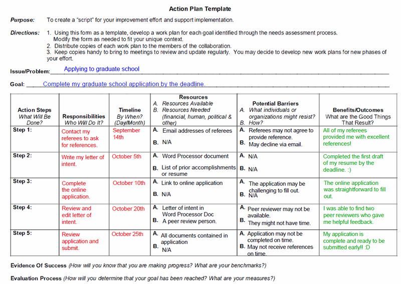 Image of a completed action plan for applying to graduate school. Use the audio player below for a detailed description.