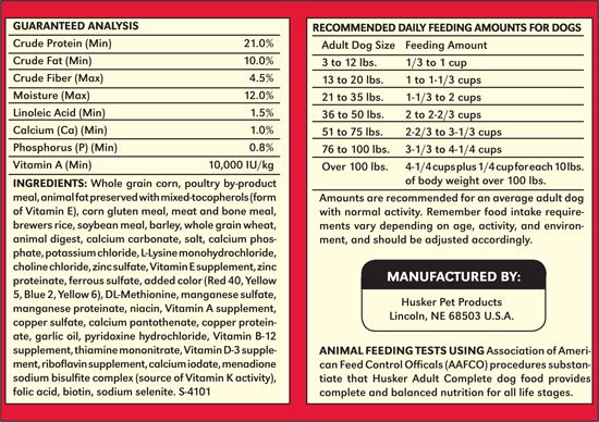 An example of a dog food nutritional label.