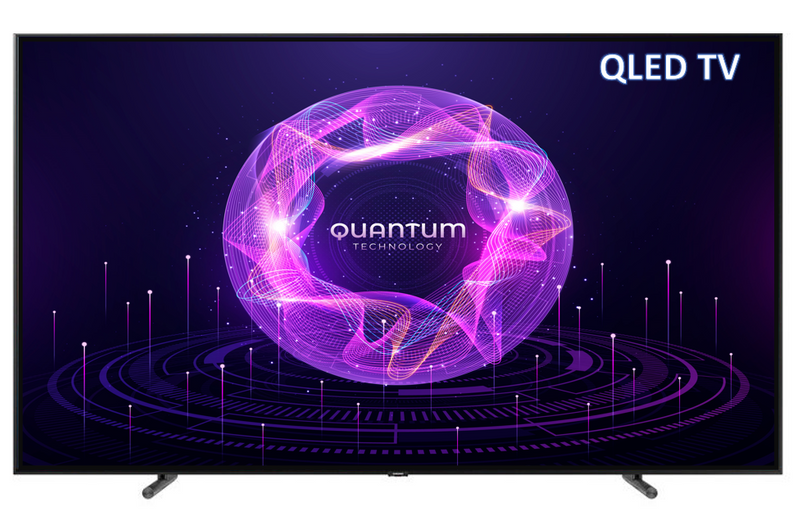 TV image of abstract circle of multiple dots in blue-pink-purple & white. Words "Quantum Technology"  and QLED TV on screen.