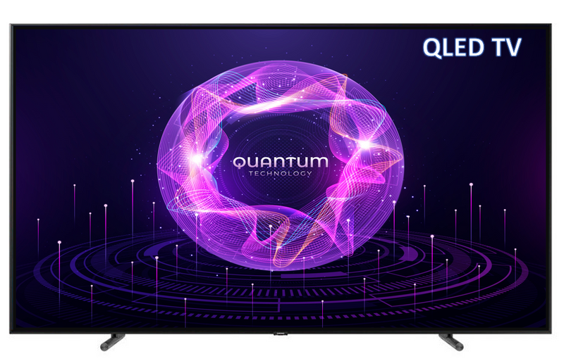 TV image of abstract circle of multiple dots in blue-pink-purple & white. Words &apos;Quantum Technology&apos;  and QLED TV on screen.