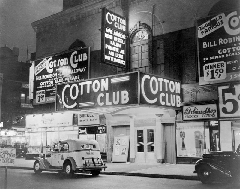 A black and white image of The Cotton Club in Harlem, NY.