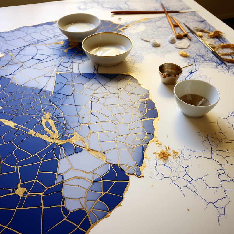 A kintsugi mosaic being created on an artist's table.