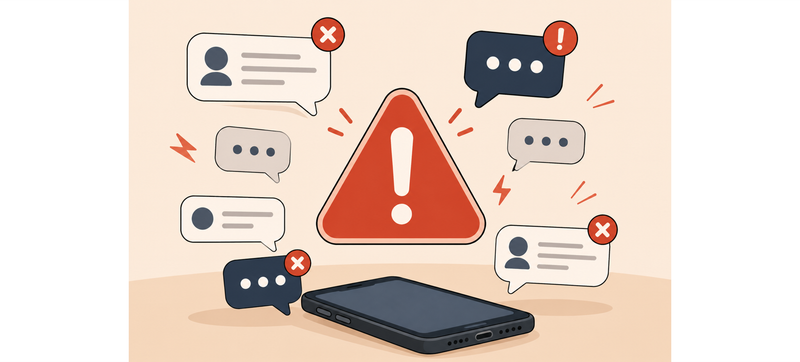 A cellphone surrounded by warning signs and chat bubbles, representing common mistakes to avoid when replying to dry texts.