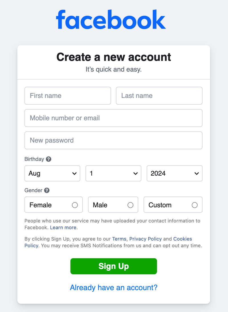 Screenshot of Facebook account sign up page. Image created by author via Facebook.com.