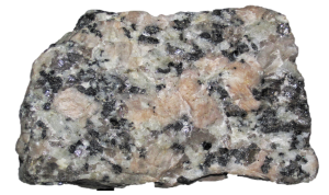 Image of a Granite Igneous Intrusive rock - quartz crystals, dark grains of feldspar & mica minerals - light pink-white-grey