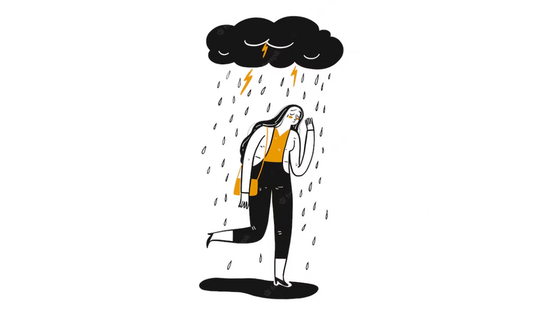 A woman-presenting person with black hair walks with a sad face while a dark cloud rains over their head.