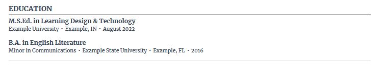 Image of example educational section in reverse chronological resume. 