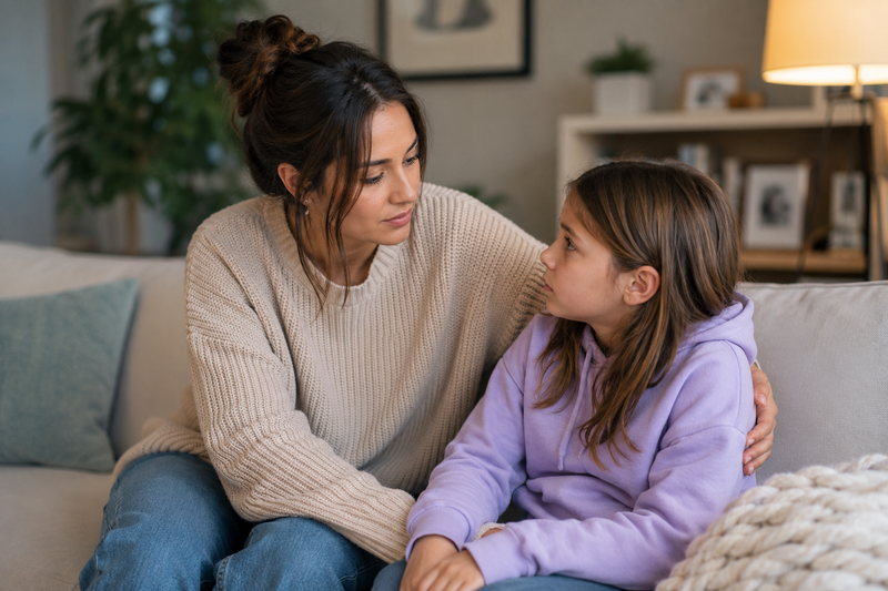 A young woman comforts a young girl by sitting beside her with an arm around her while they talk in a cozy living room.