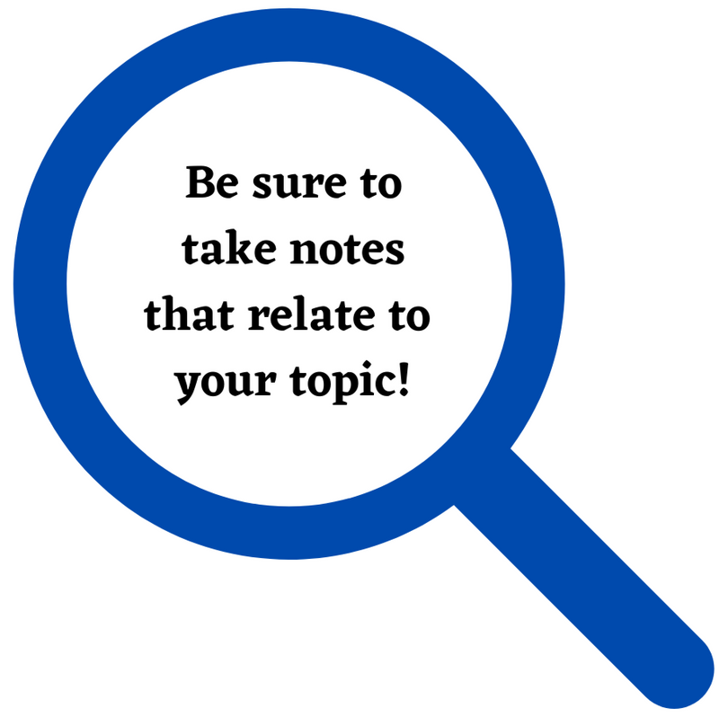 A magnifying glass hovering over the text: 'Be sure to take notes that relate to your topic!'