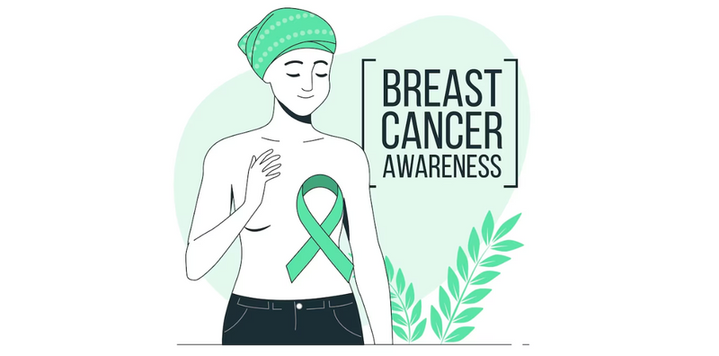 A restful person with a headwrap, genes and no shirt on is missing one breast next to 'BREAST CANCER AWARENESS' words.