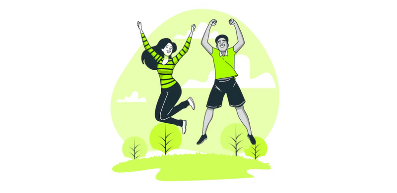 A woman-presenting BIPOC teenager and a man-presenting BIPOC teenager are jumping with joy in the air at a park.