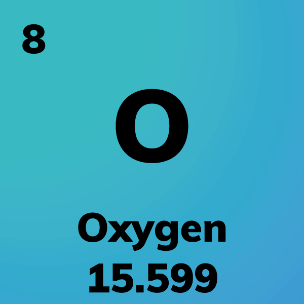 Oxygen square: atomic number 8, atomic symbol O, atomic weight 15.599