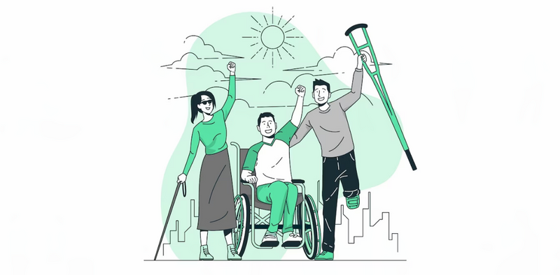 3 individuals with different abilities are walking in the city, sun is shining. They are smiling, with one arm in the air. 
